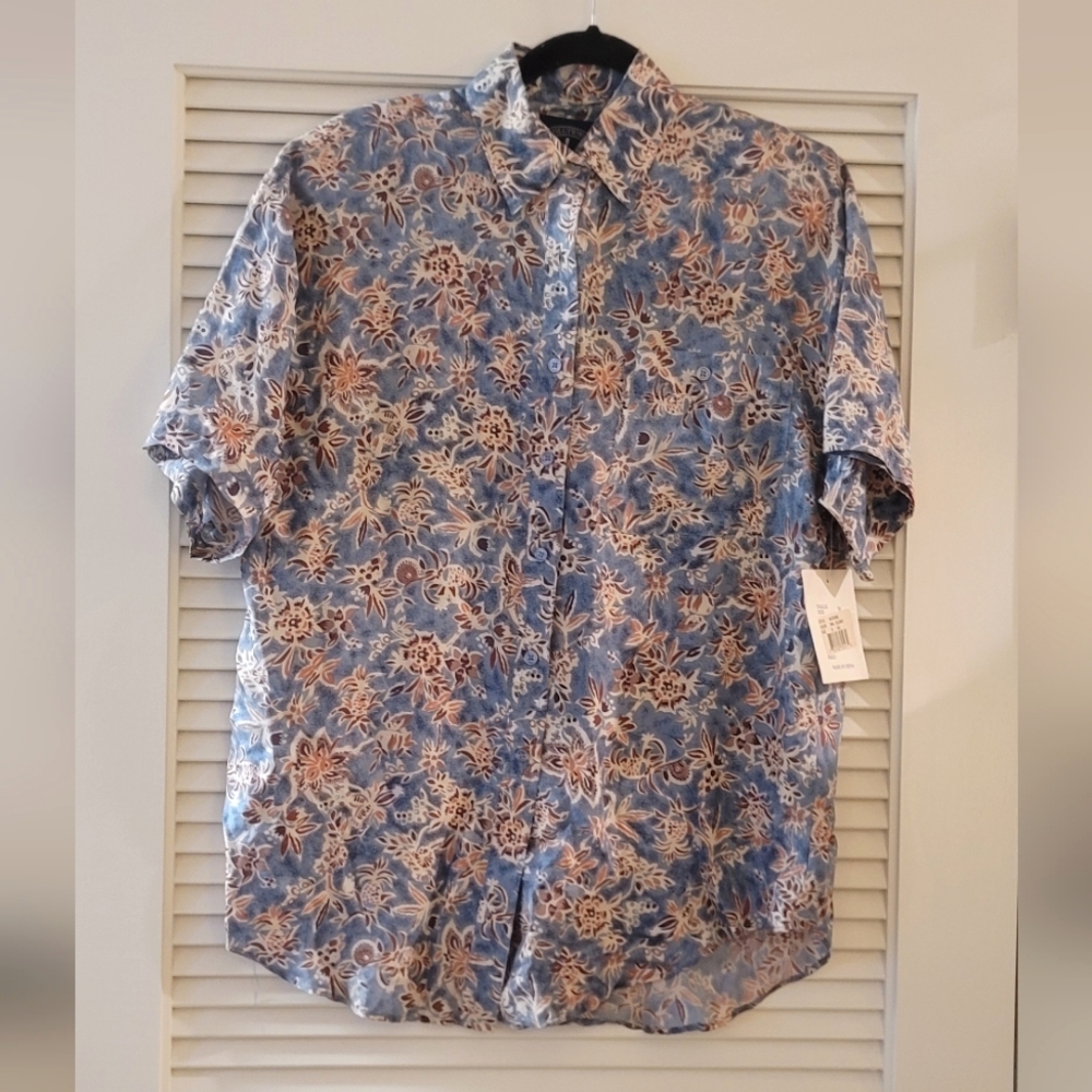 Solutions - (NWT) Vintage Short-Sleeve Silk Floral Shirt With Padded Shou…